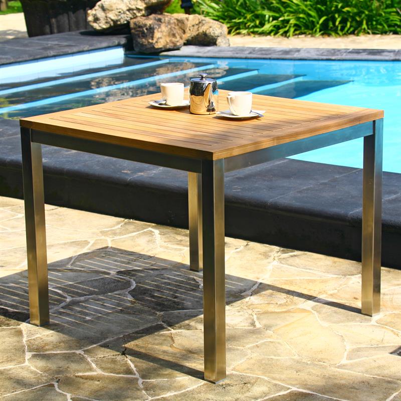 Table à manger Florence 90 x 90 x 76 cm - Teck certifié GRADE A + structure en acier inoxydable