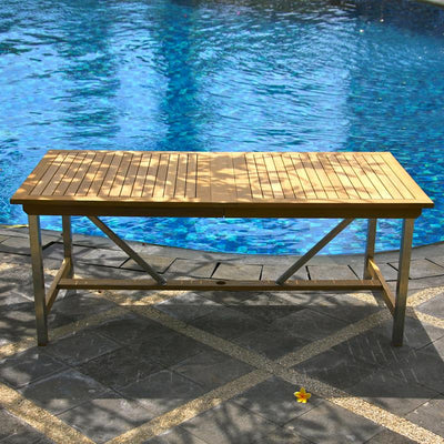 Ensemble de table extensible Moselle 280 composé d'une table extensible double Moselle 280/235/190x100 et de chaises empilables Moselle en teck avec acier inoxydable