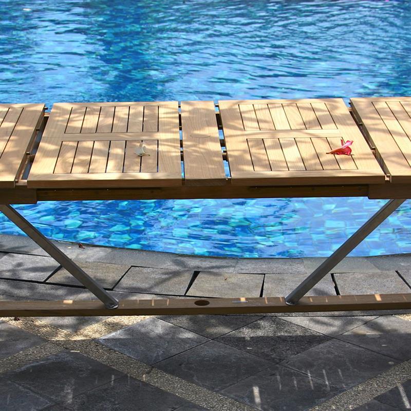 Table double rallonge Moselle 280/235/190x100x76,5 cm - Teck certifié GRADE A + structure inox