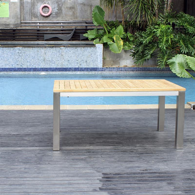 Ensemble de table à rallonge frontale Moselle 230 Teck GRADE A + structure en acier inoxydable composé d'une table à rallonge frontale Florence 230/160 x 100 et de chaises empilables Moselle