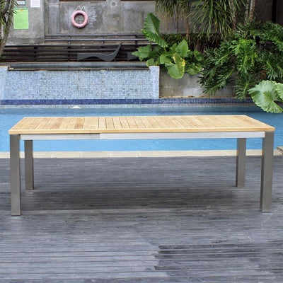 Ensemble de table à rallonge frontale Alzette 230 composé d'une table à rallonge frontale Florence 230/160 x 100 en teck avec structure en acier inoxydable et de chaises empilables Alzette en acier inoxydable avec revêtement Batyline