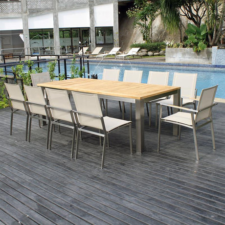 Alzette Frontausziehtisch Set 230 bestehend aus Florence Frontausziehtisch 230/160 x 100 Teak mit Edelstahlgestell und Alzette Stapelstühlen Edelstahl mit Batyline Bespannung