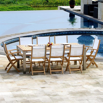Table extensible frontale Florence 310/210 x 100 x 77 cm Teck certifié GRADE A avec structure en acier inoxydable