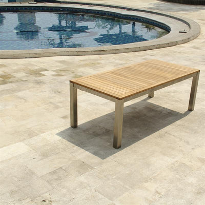 Ensemble de table à rallonge frontale Alzette 310 composé d'une table à rallonge frontale Florence 310/210 x 100 en teck avec structure en acier inoxydable et de chaises empilables Alzette en acier inoxydable avec revêtement Batyline