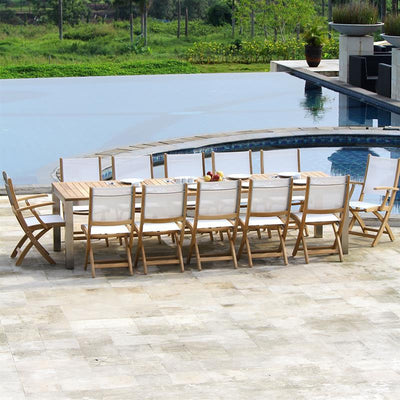 Table extensible frontale Florence 310/210 x 100 x 77 cm Teck certifié GRADE A avec structure en acier inoxydable