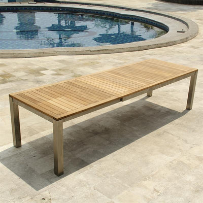Ensemble de table à rallonge frontale Alzette 310 composé d'une table à rallonge frontale Florence 310/210 x 100 en teck avec structure en acier inoxydable et de chaises empilables Alzette en acier inoxydable avec revêtement Batyline