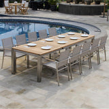 Alzette Frontausziehtisch Set 310 bestehend aus Florence Frontausziehtisch 310/210 x 100 Teak mit Edelstahlgestell und Alzette Stapelstühlen Edelstahl mit Batyline Bespannung