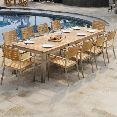 Table extensible frontale Florence 310/210 x 100 x 77 cm Teck certifié GRADE A avec structure en acier inoxydable