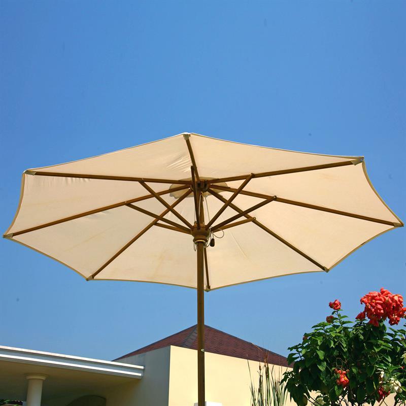 Sonnenschirm rund 300 cm Durchmesser Nagata Standardfarbe Teak mit Messingbeschlägen