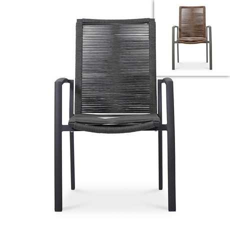 Chaise empilable Yuma avec dossier haut, corde résistante aux intempéries + revêtement en poudre d'aluminium