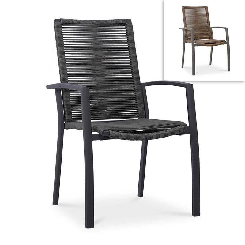 Chaise empilable Yuma avec dossier haut, corde résistante aux intempéries + revêtement en poudre d'aluminium