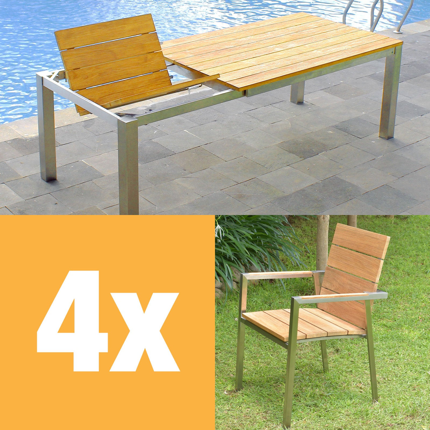 Ensemble de table à rallonge frontale Zilart Teck Naturel 230 composé d'une table à rallonge frontale Zilart 230/160 x 100 et de chaises empilables Zilart