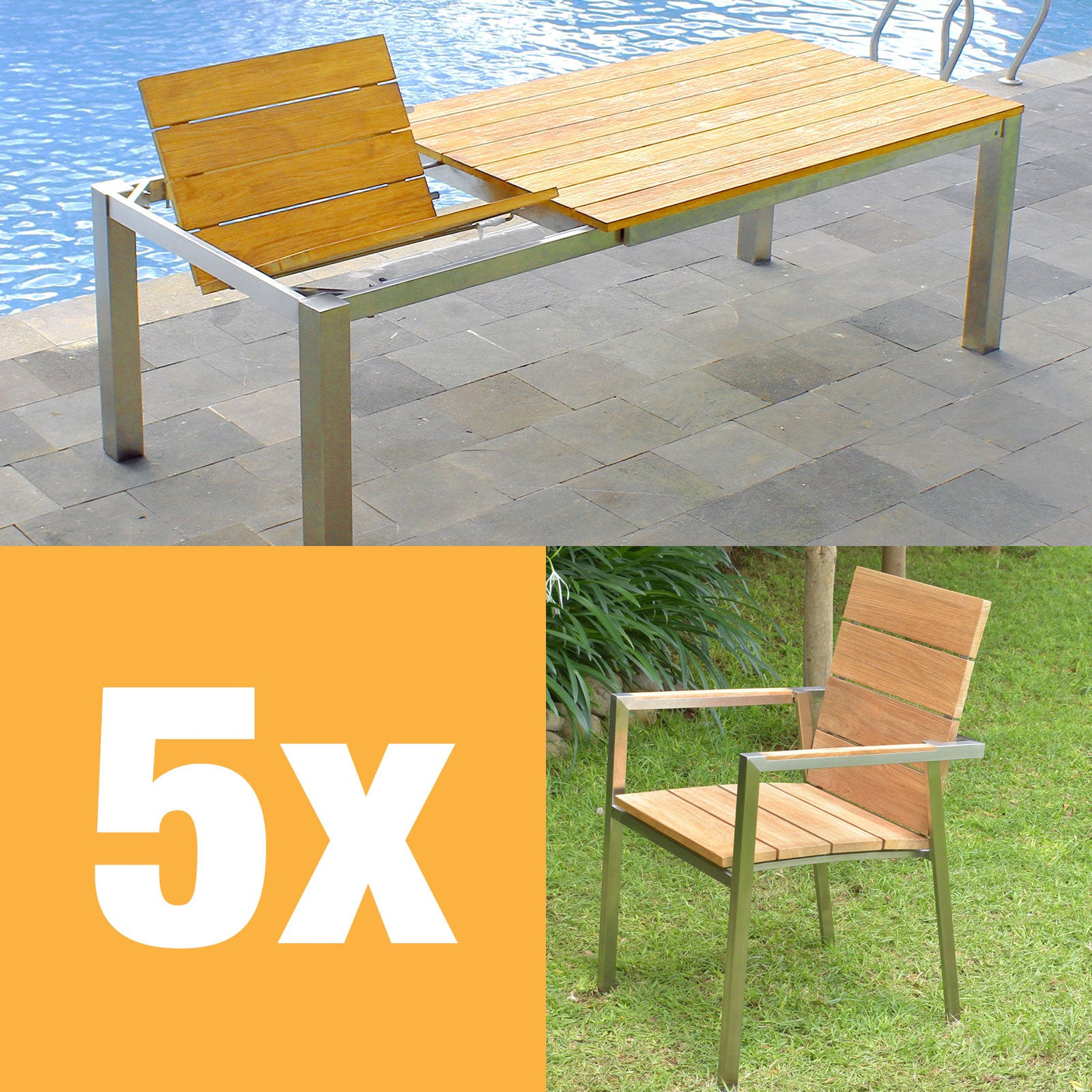 Ensemble de table à rallonge frontale Zilart Teck Naturel 230 composé d'une table à rallonge frontale Zilart 230/160 x 100 et de chaises empilables Zilart