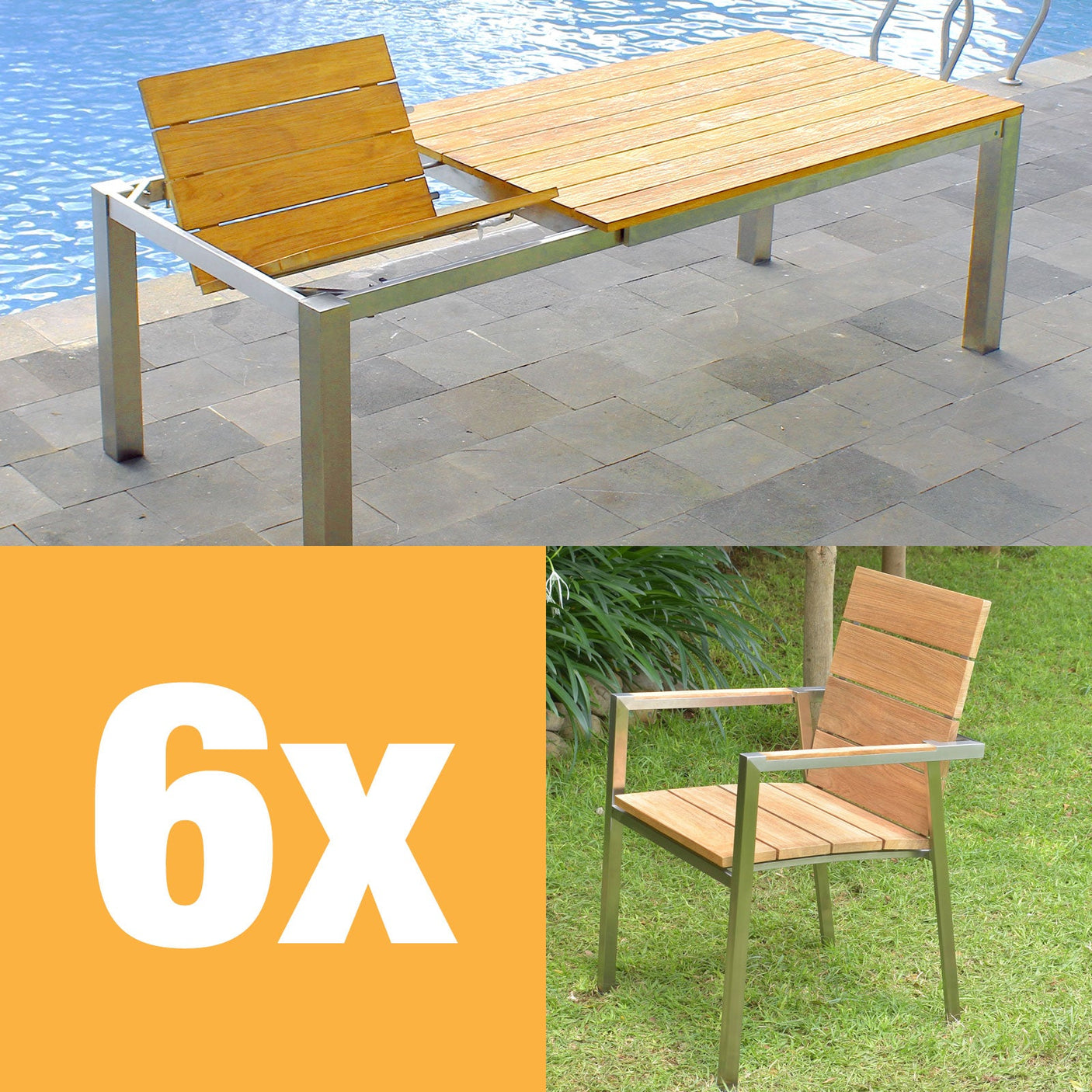 Ensemble de table à rallonge frontale Zilart Teck Naturel 230 composé d'une table à rallonge frontale Zilart 230/160 x 100 et de chaises empilables Zilart