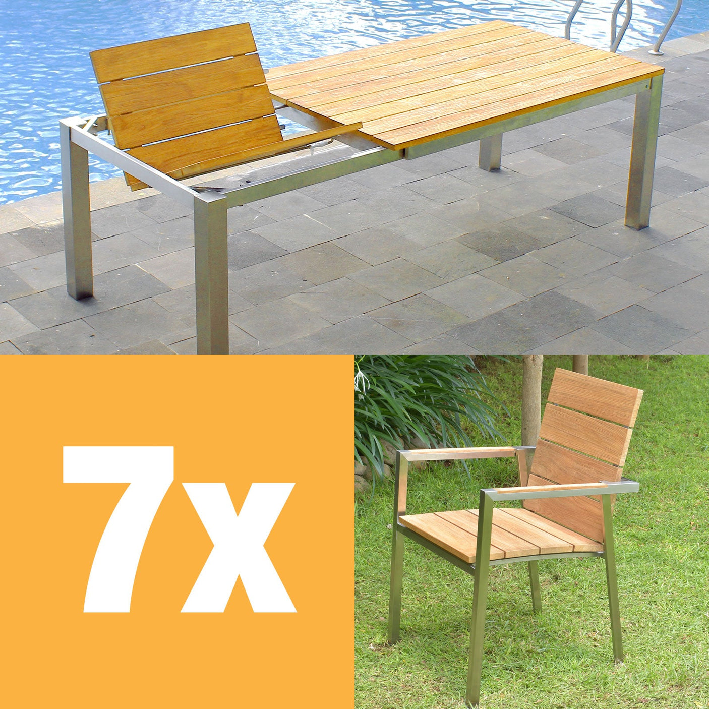 Ensemble de table à rallonge frontale Zilart Teck Naturel 230 composé d'une table à rallonge frontale Zilart 230/160 x 100 et de chaises empilables Zilart