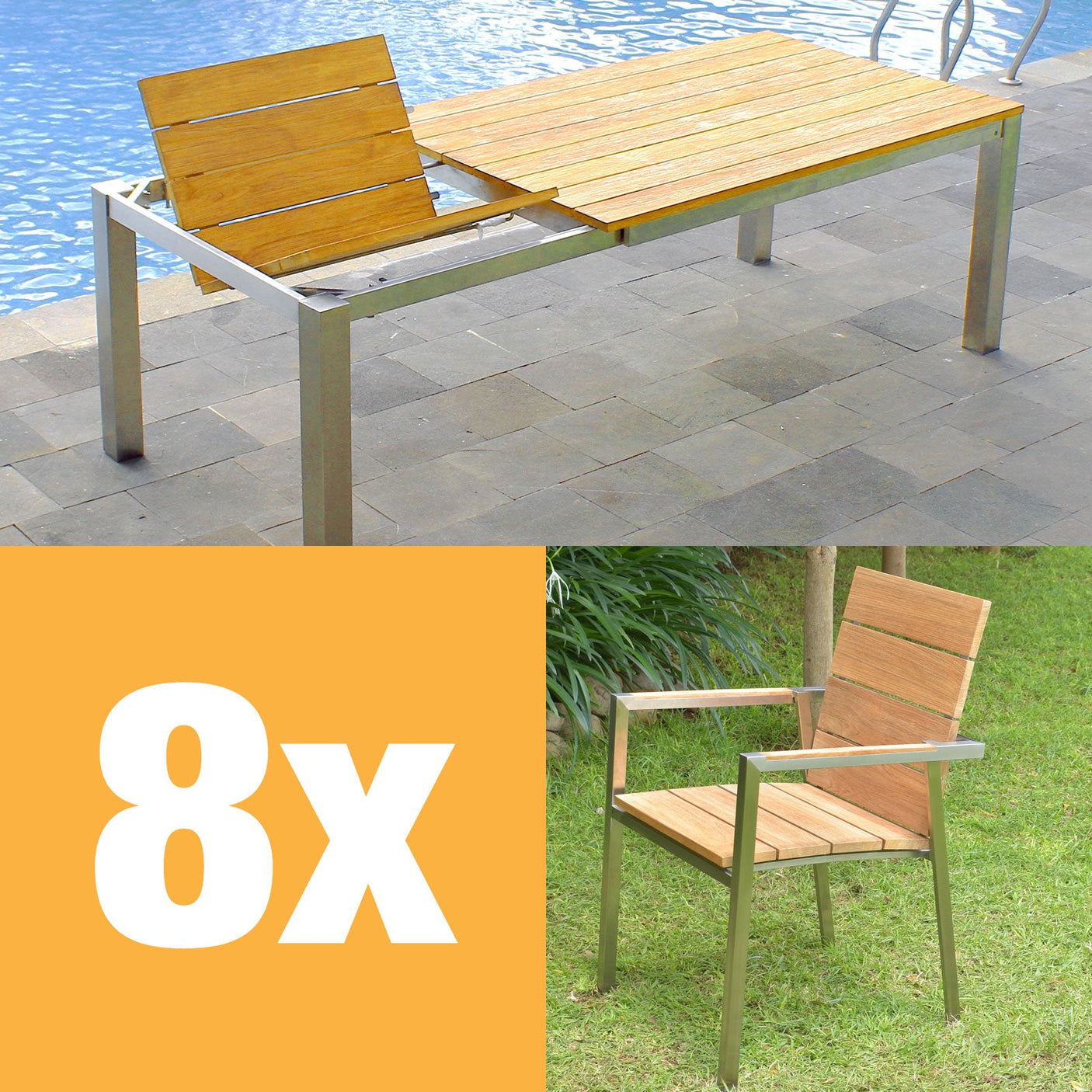 Ensemble de table à rallonge frontale Zilart Teck Naturel 230 composé d'une table à rallonge frontale Zilart 230/160 x 100 et de chaises empilables Zilart