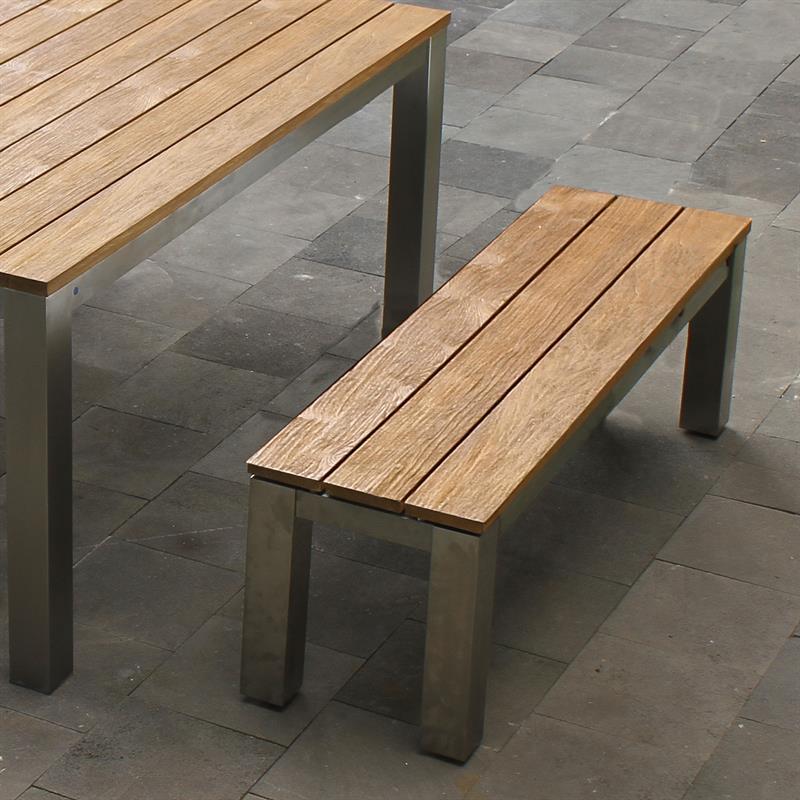 Banc de jardin Zilart sans dossier 140x45 cm - Teck vintage brossé + structure inox