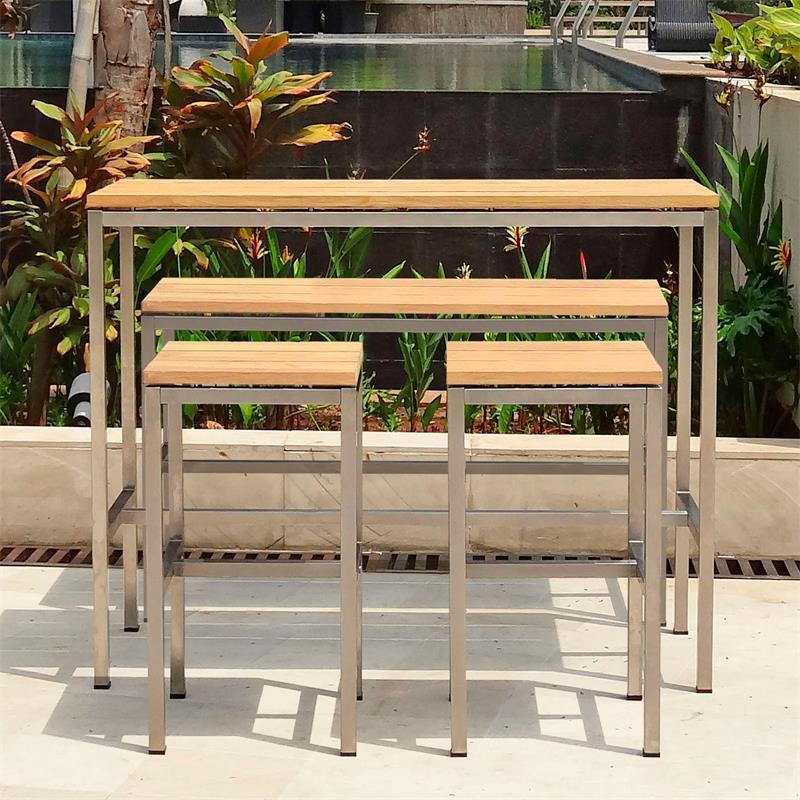 Banc de bar Zilart en teck GRADE A brossé - Teck GRADE A NATUREL brossé + structure en acier inoxydable