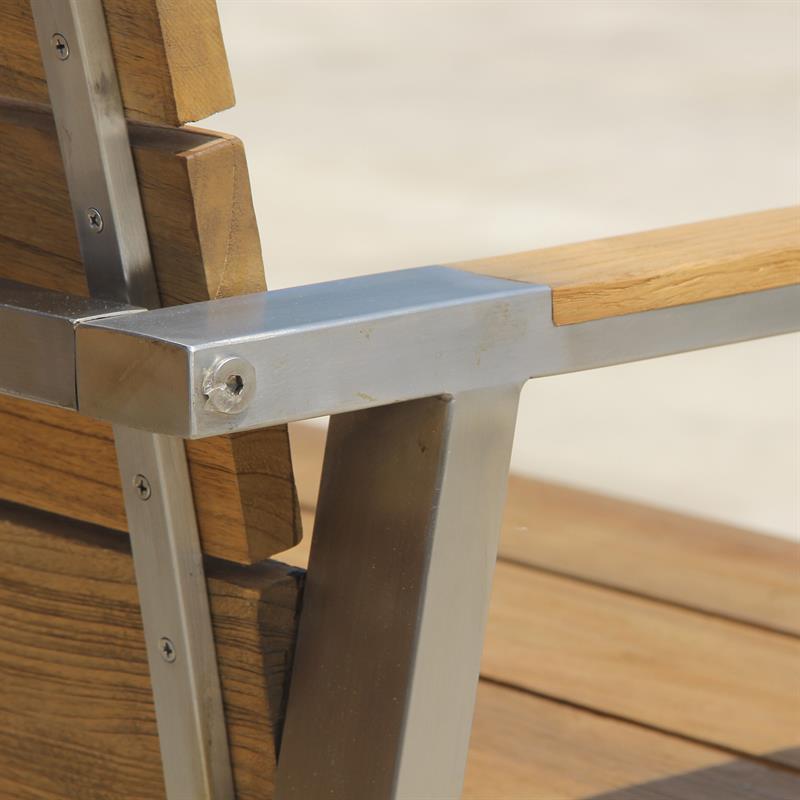 Banc de jardin Zilart avec dossier et accoudoirs 140 - teck vintage brossé + structure en acier inoxydable