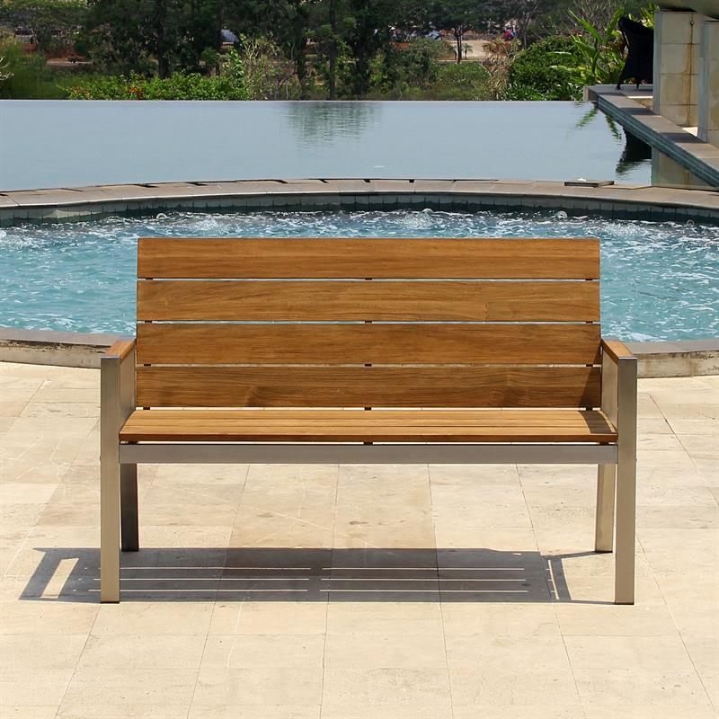 Banc de jardin Zilart avec dossier et accoudoirs 140 - teck vintage brossé + structure en acier inoxydable