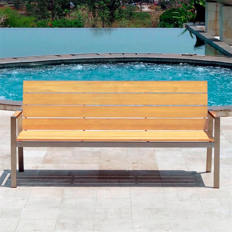 Banc de jardin Zilart avec dossier et accoudoirs 190 - Teck GRADE A NATUREL brossé + structure en acier inoxydable
