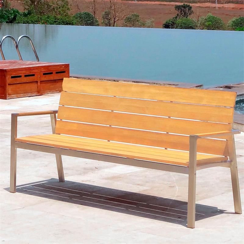Banc de jardin Zilart avec dossier et accoudoirs 190 - Teck GRADE A NATUREL brossé + structure en acier inoxydable