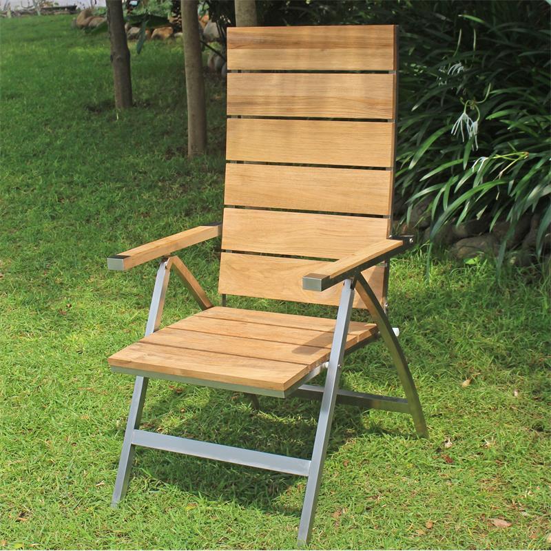 Chaise à dossier haut Zilart en teck grade A brossé - Teck GRADE A NATUREL brossé + structure en acier inoxydable