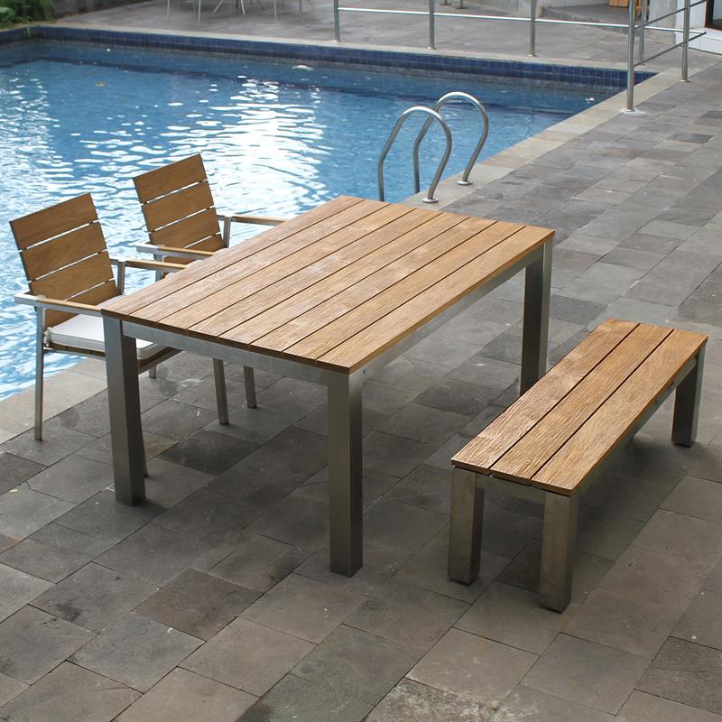 Banc de jardin Zilart sans dossier 140x45 cm - Teck vintage brossé + structure inox