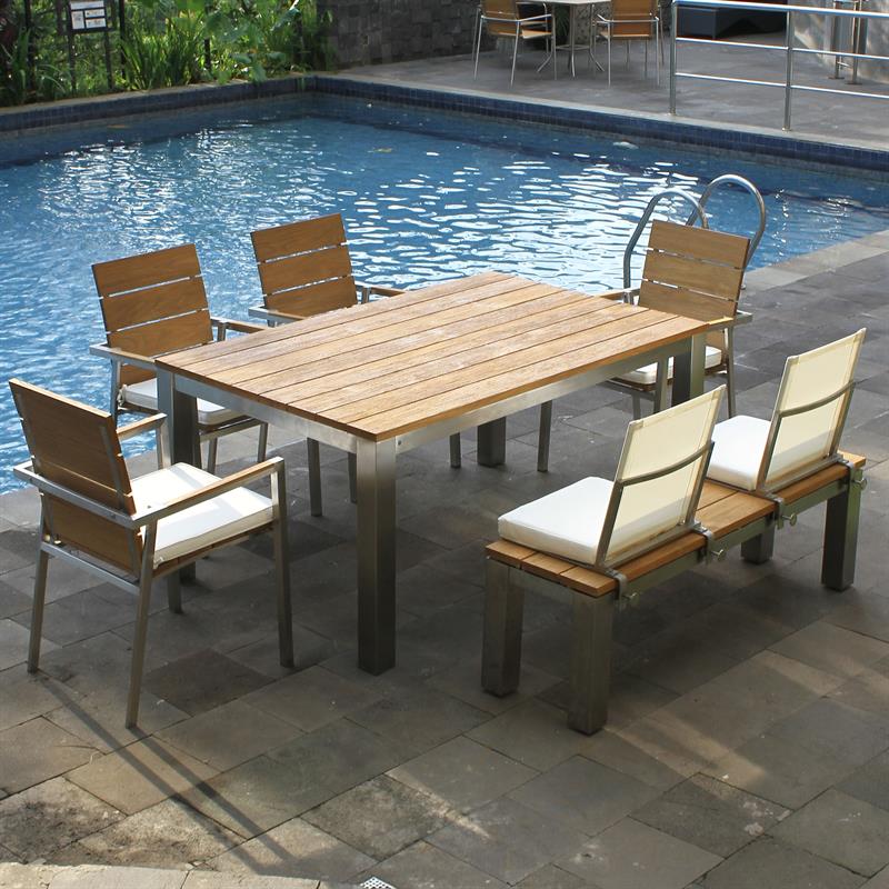 Banc de jardin Zilart sans dossier 140x45 cm - Teck vintage brossé + structure inox